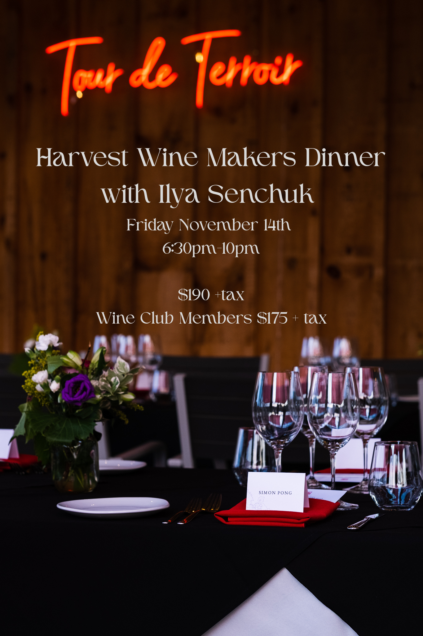 Promotional poster for a Harvest Wine Makers Dinner with event details.